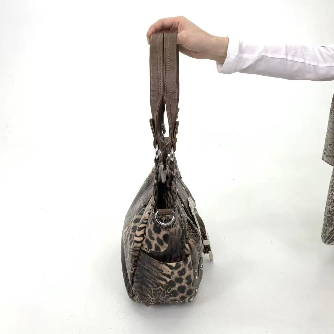 Leopard Print Patchwork Tote Bag with Pockets for Women