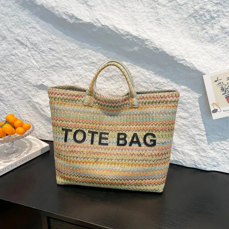 Large capacity beach woven bag, colorful striped tote bag, letter contrasting handbag for women