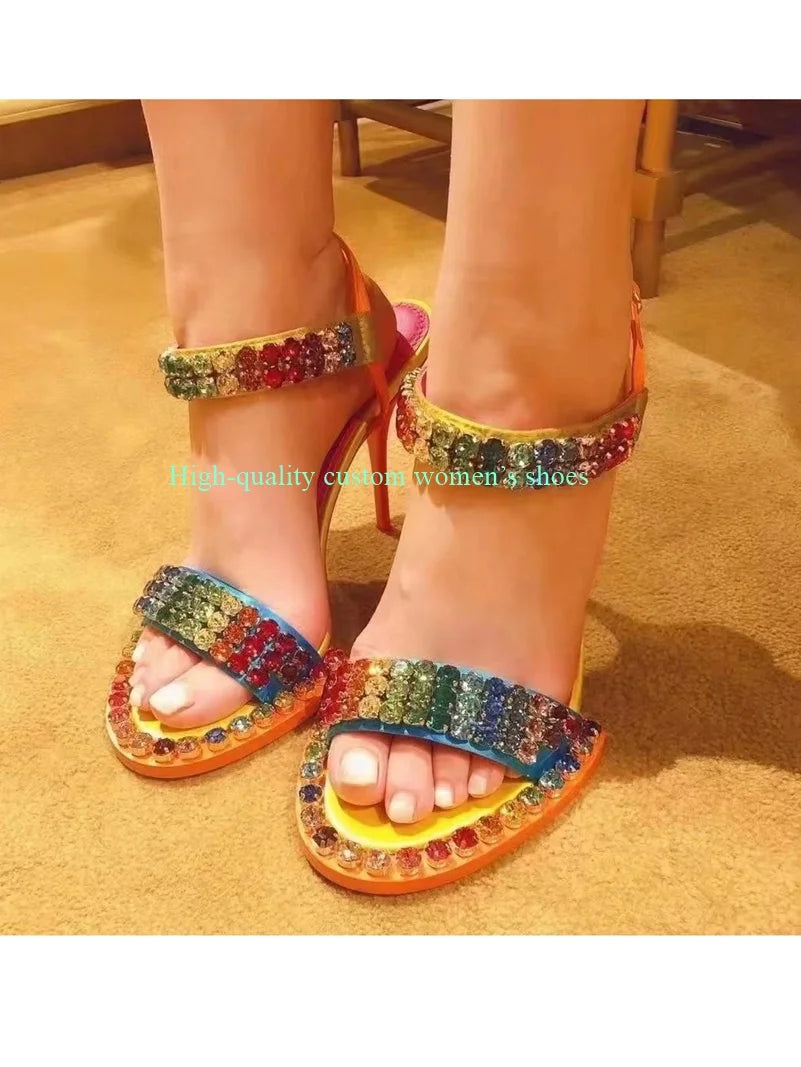 Elegant Rainbow Rhinestone Embellished Sandals for Women