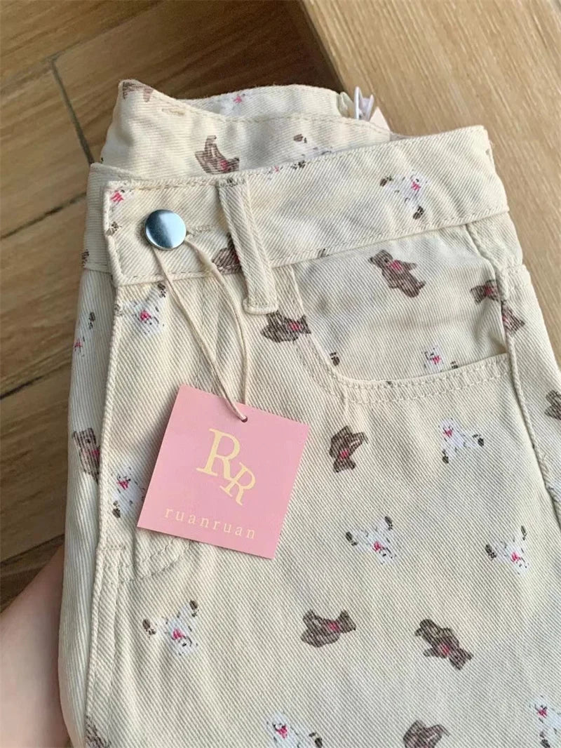 High Rise Wide Leg Printed Denim Pants For Women