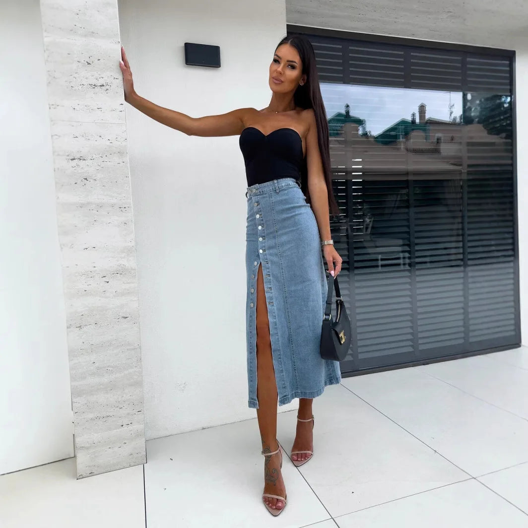High Waist Retro Button Denim Skirt With Slit for Women