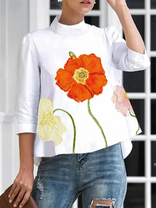 2025 Flower Printed T-shirt for Women Stand Collar Three-quarter Sleeves Loose Fit Shirt Top Summer Casual Blouse
