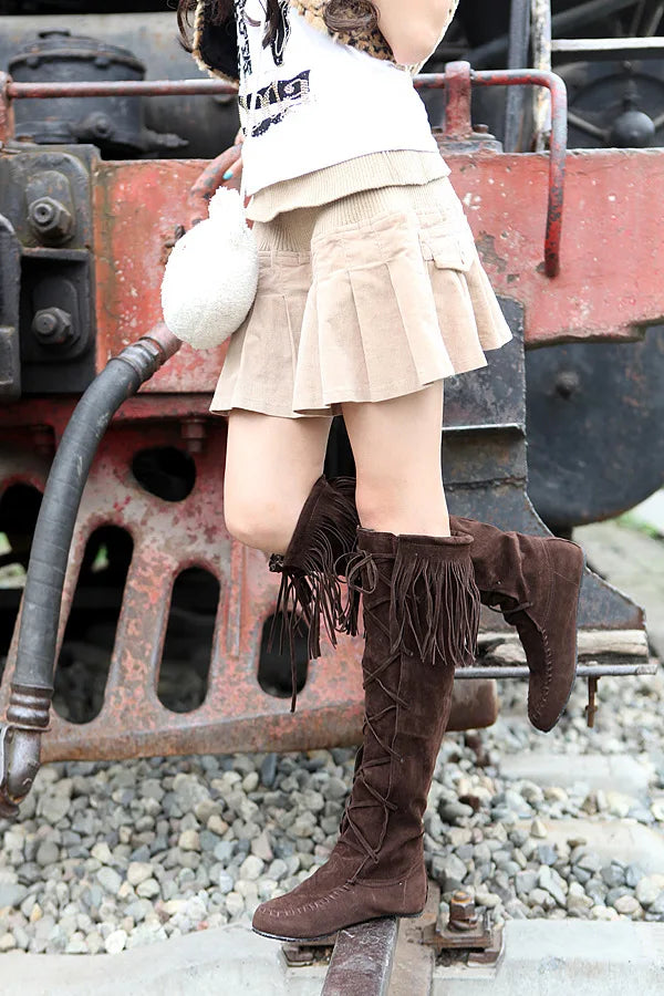 Vintage Inspired Fringe Lace Up Knee High Boots for Women