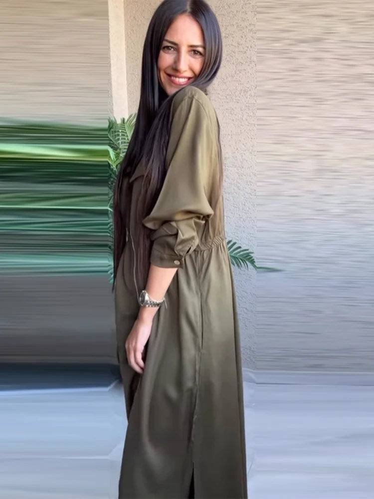 Women's Fashion Zipper Waist Long Dress Casual Solid Laple Full Sleeve A-line Long Robe Lady 2025 Autumn Chic Loose Streetwear