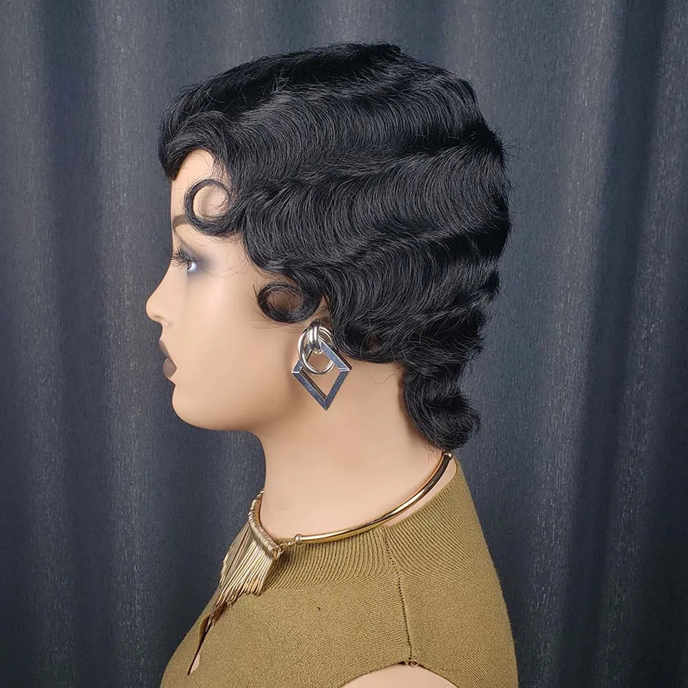 Short Curly Pixie Cut Remy Human Hair Wig for Women