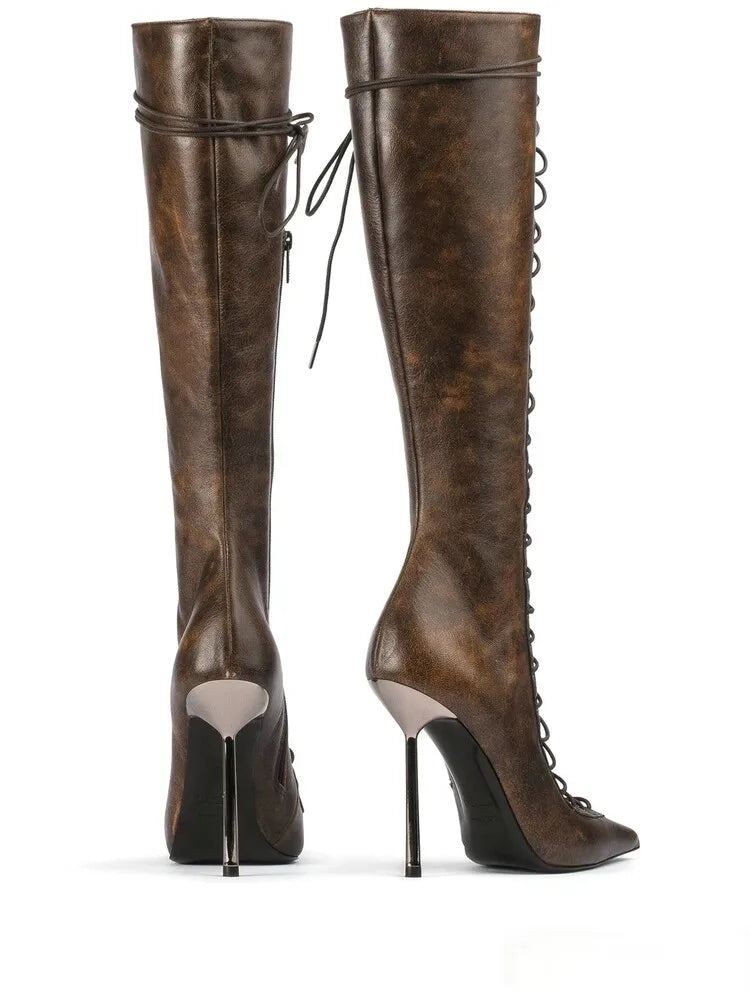 Lace Up Knee High Heeled Boots With Side Zipper for Women
