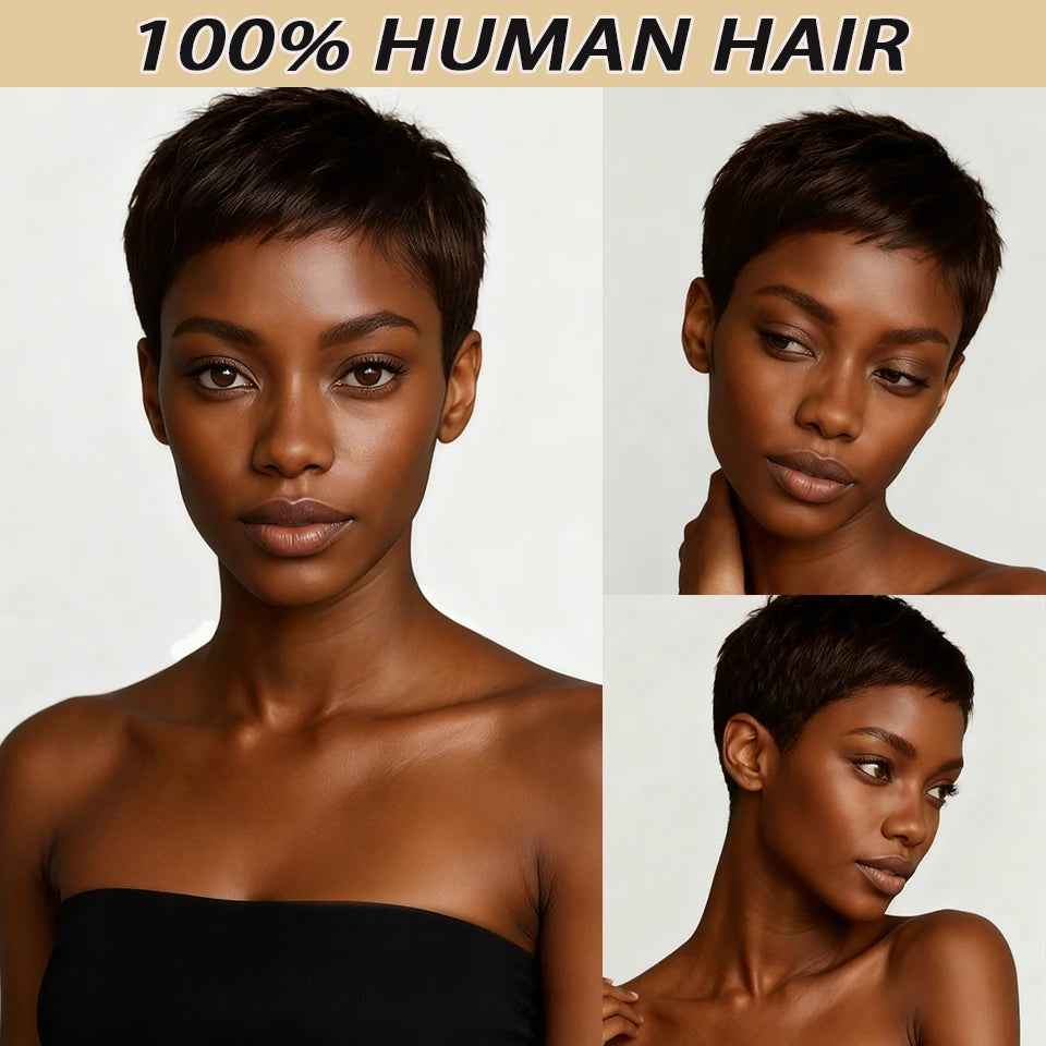 Short Pixie Cut Human Hair Wig With Bangs for Women