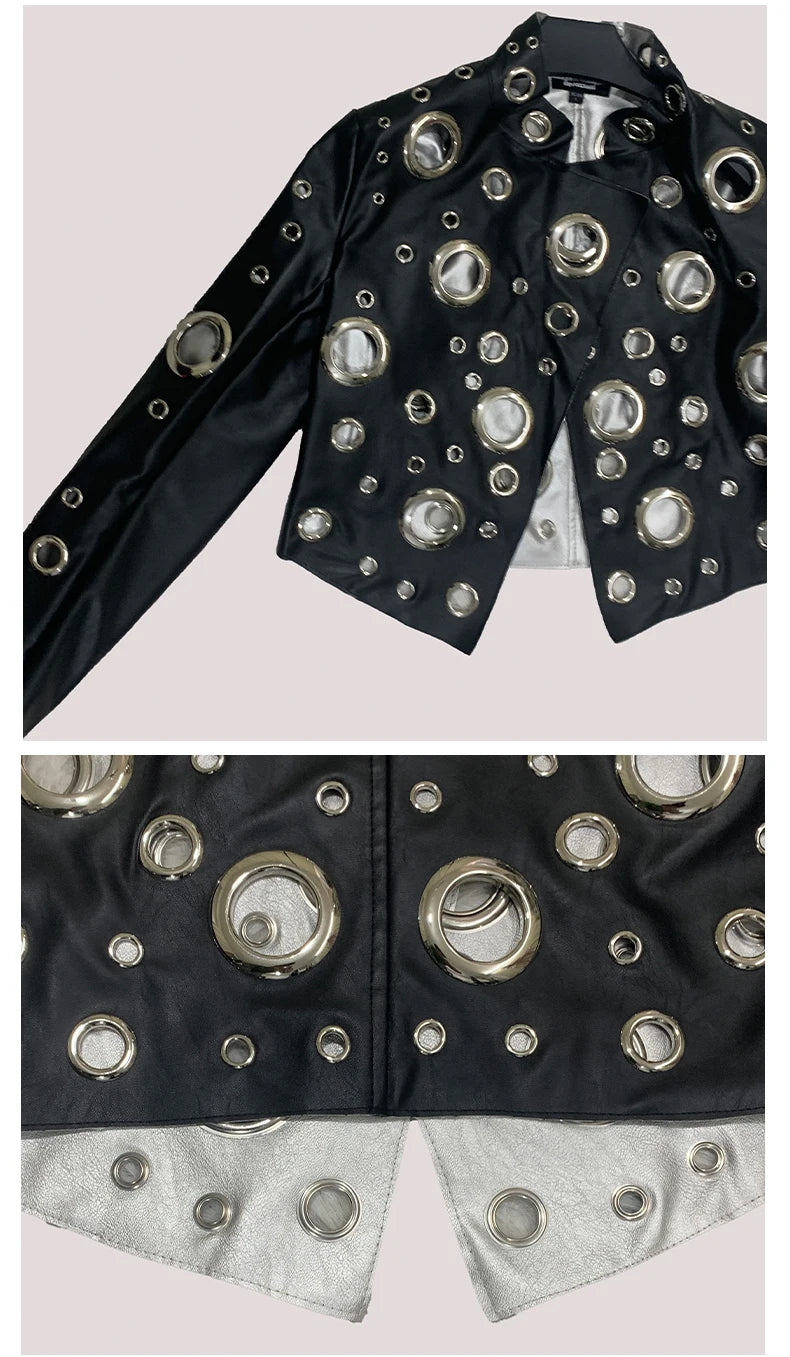 Sequin Hollow Out Patchwork Faux Leather Jacket For Women