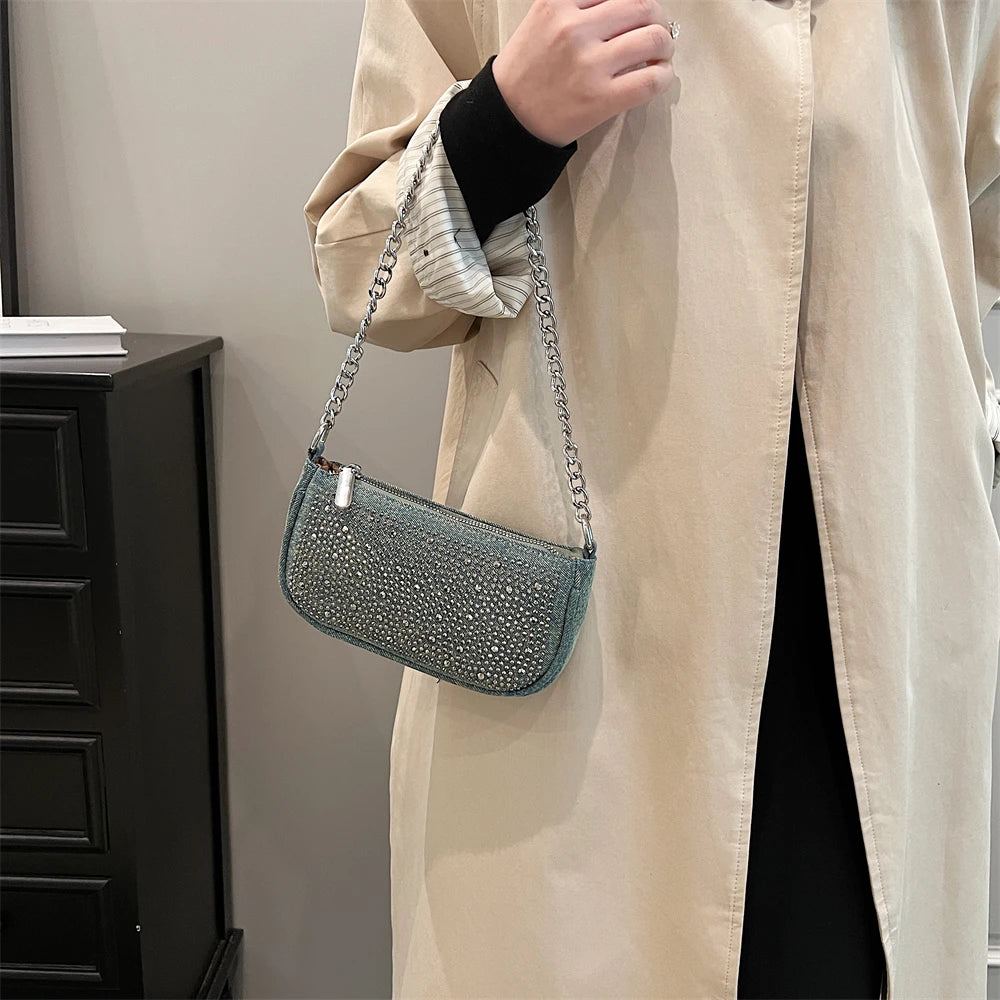 Rhinestone Appliqued Chain Shoulder Crossbody Bags for Women