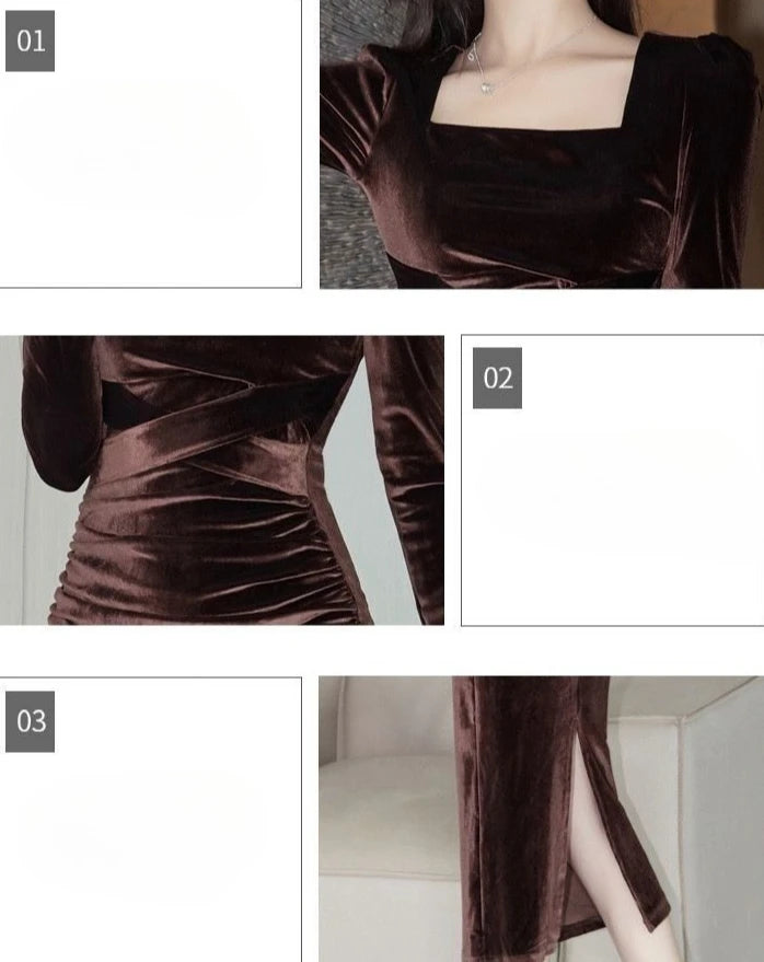 Elegant Women Velvet Dress High Waist Slimming Square Neck Long Sleeve Bodycon Wrap Hip Party Evening Gown