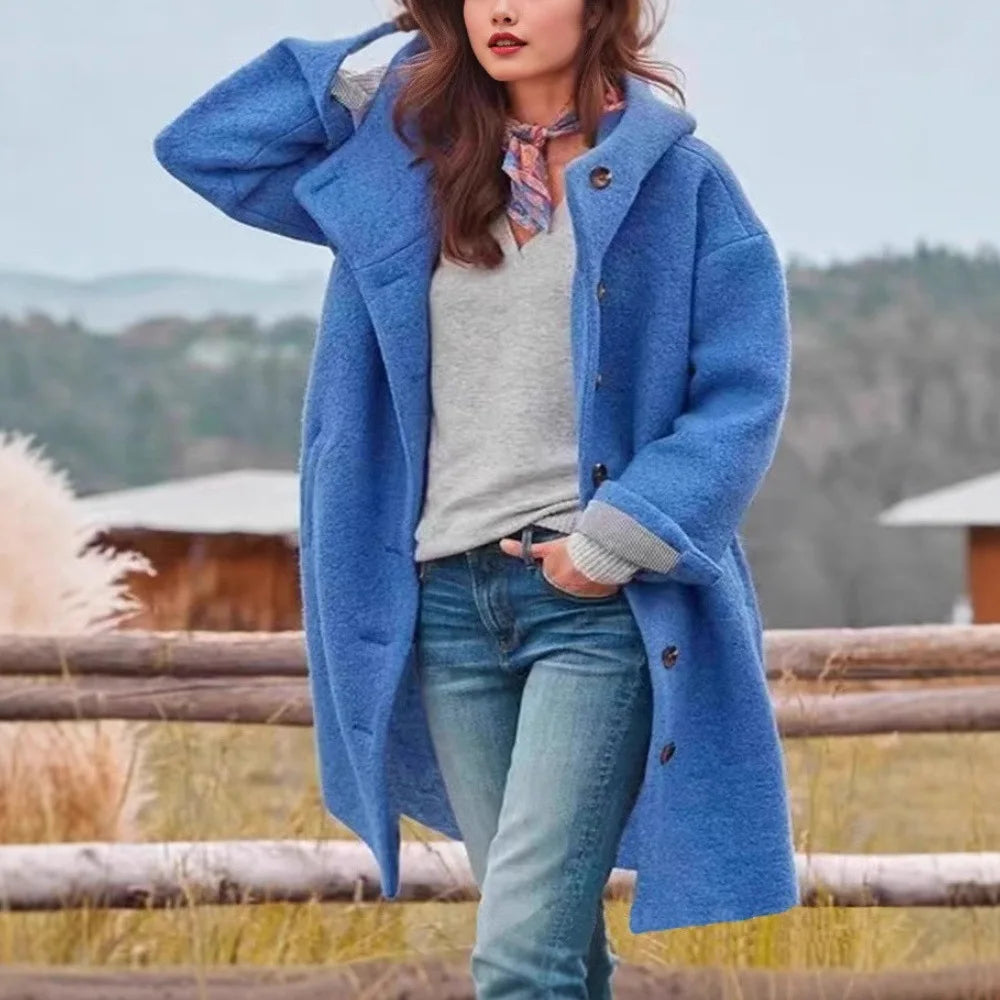 Oversized Hooded Casual Solid Color Wool Blend Coat for Women