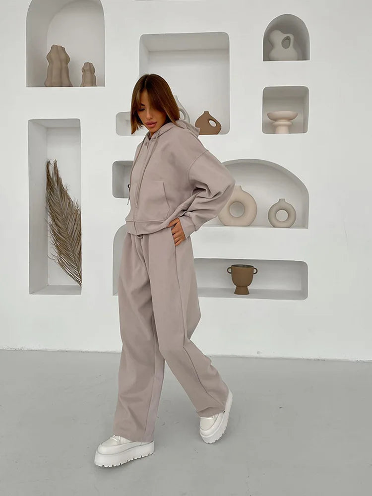 Casual Hooded Jacket and Wide Leg Pants Set for Women
