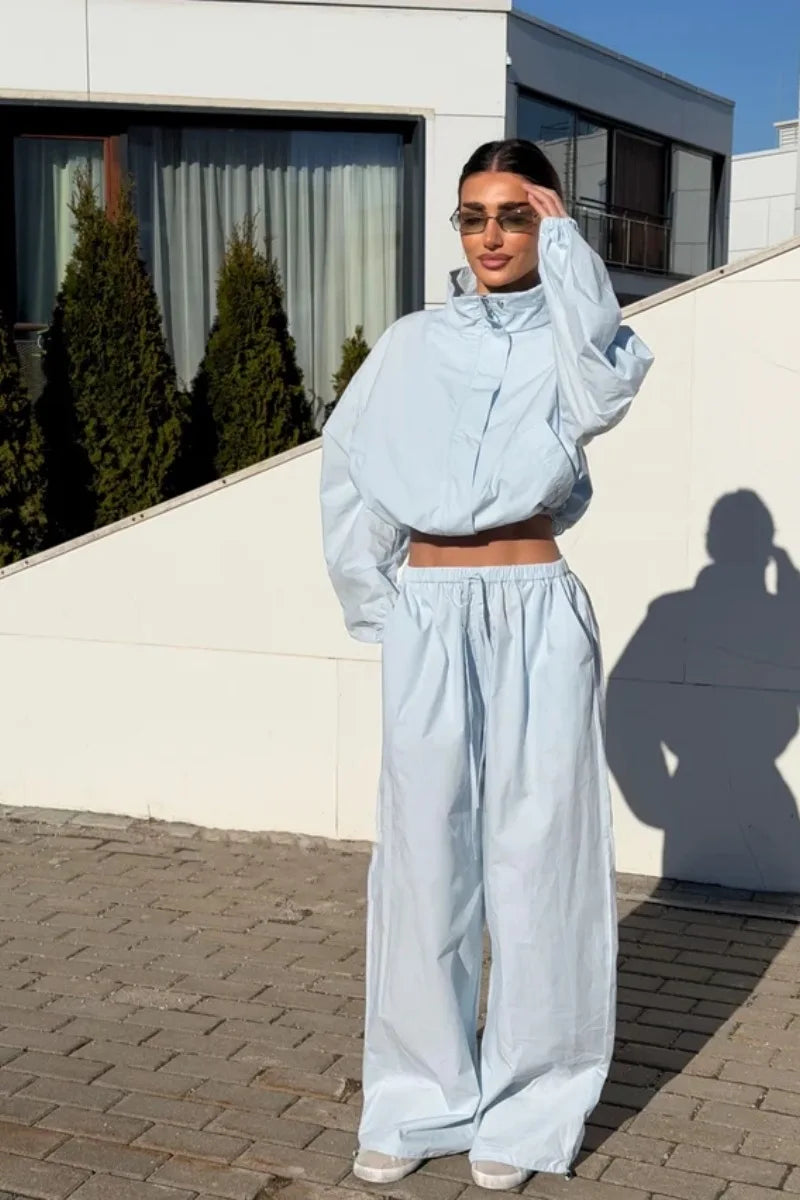 Lace Up Stand Collar Wide Leg Two Piece Set for Women