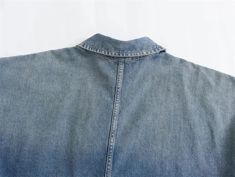Joskaa Fashion Blue Denim Dress Women Hipster Lapel Zipper Pocket Full Sleeve Loose Mini Dresses 2025 Spring Vintage Streetwear
