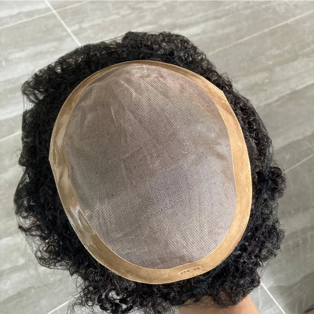 Curly Human Hair Toupee Replacement System for Men