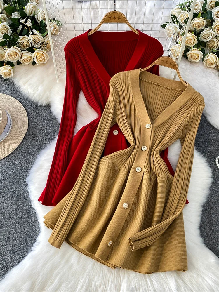 V Neck Knit A Line Long Sleeve Mini Dress for Women