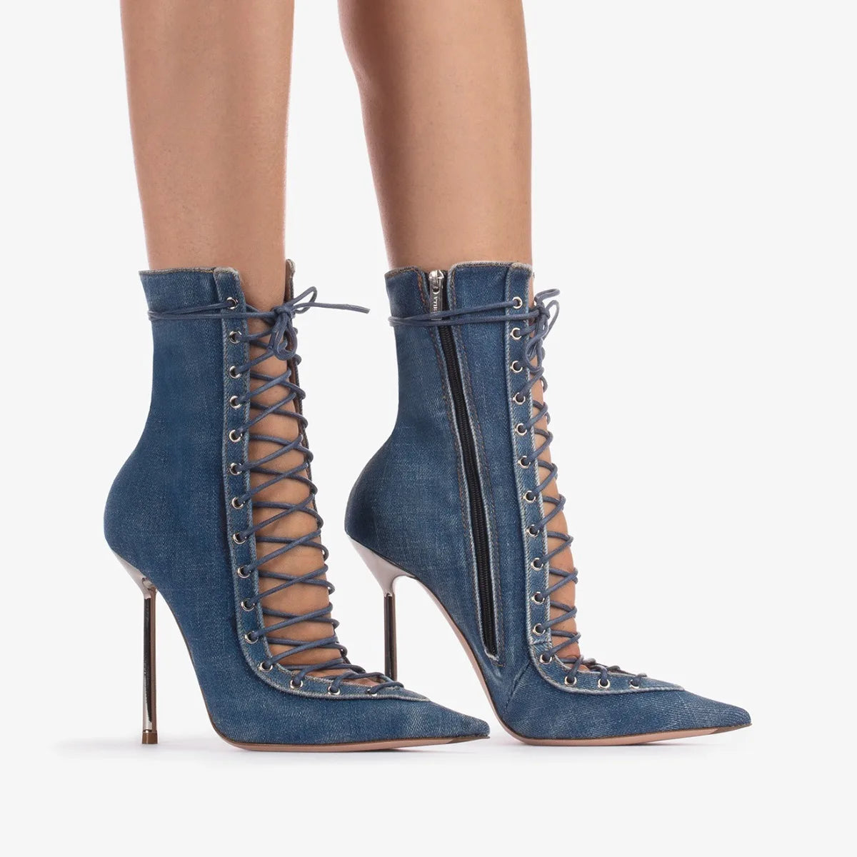 Lace Up Knee High Heeled Boots With Side Zipper for Women