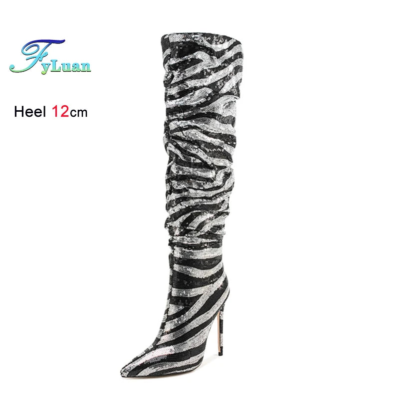 Sequined Pointed Toe Knee High Heeled Boots for Women