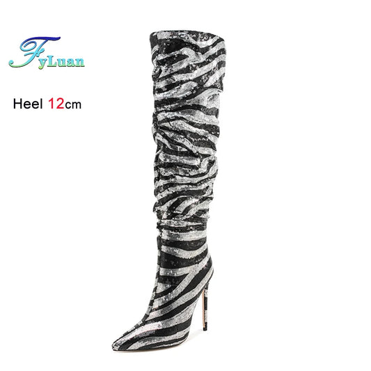 Sequined Pointed Toe Knee High Heeled Boots for Women