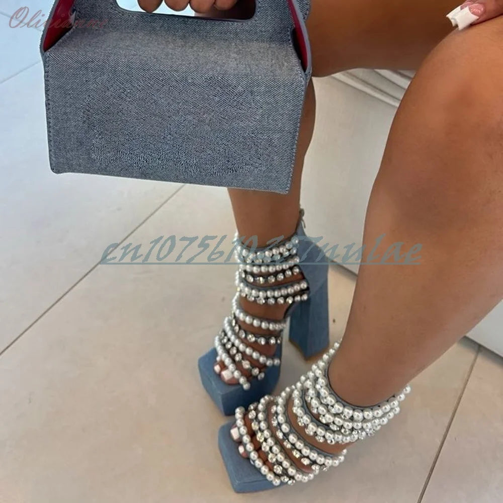 Denim Crystal Pearl Chain Sandals with Back Zipper for Women
