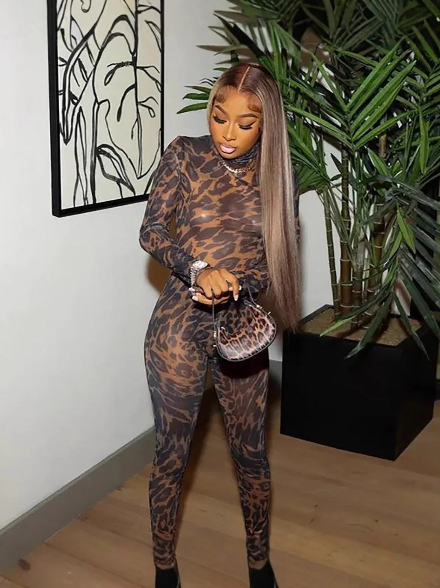 Leopard Print Mesh Flowy Long Sleeve Jumpsuit for Women