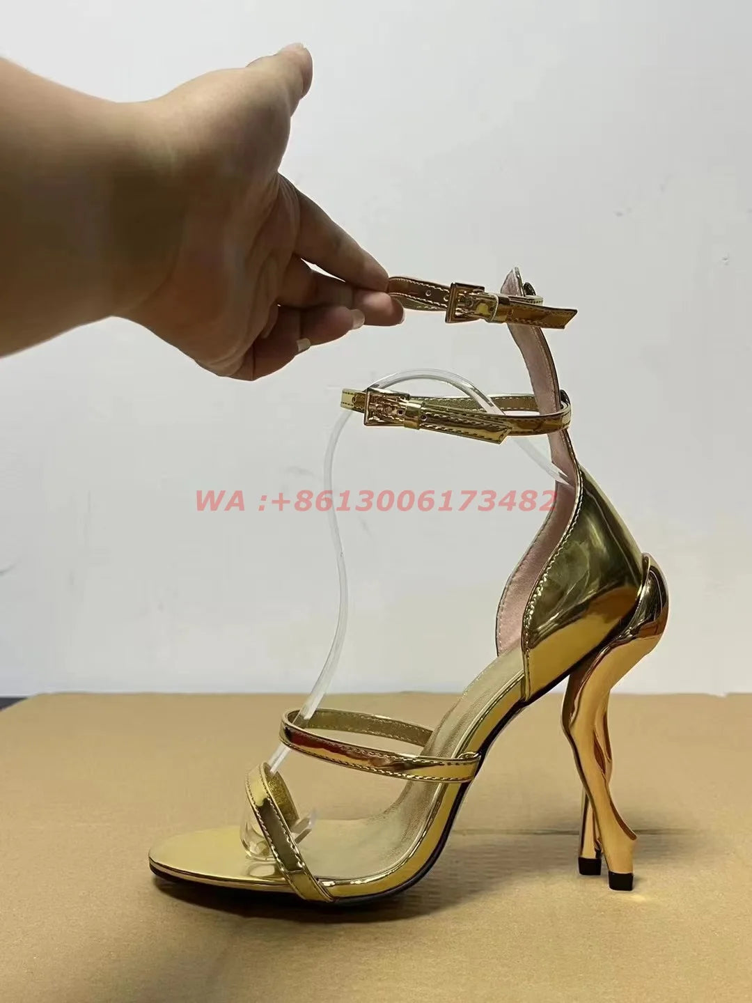 New Fashion Design Women Gold Cabaret Sculptural-Heel Strappy Sandals Ankle Strap Heel Cabaret Dancers Sandals Plus Size