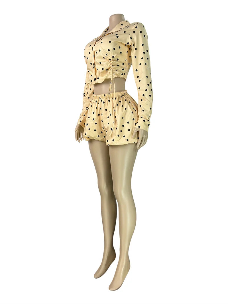 Polka Dot Ruched Turn-Down Collar Shirt and Shorts Set for Women