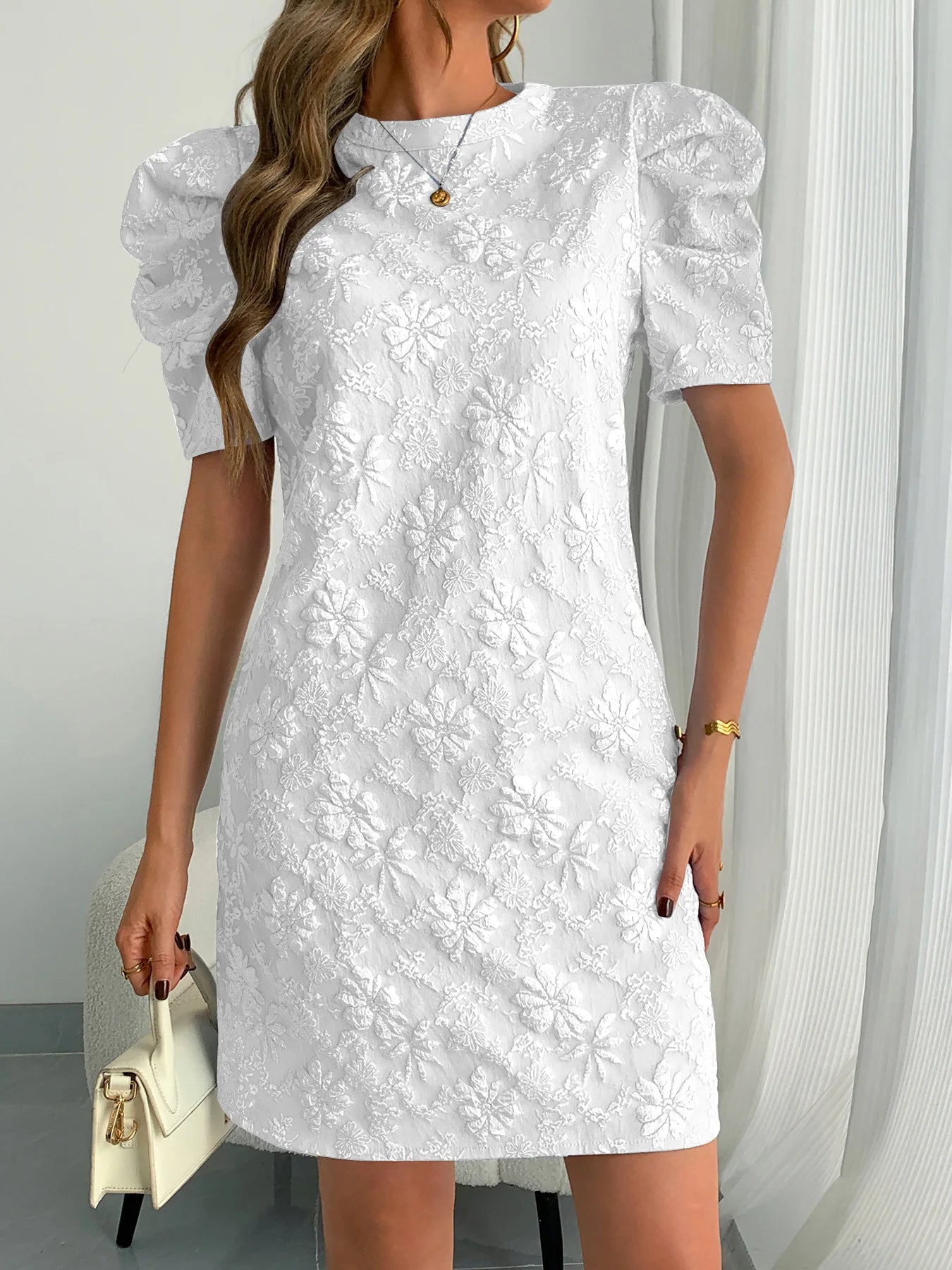 Textured Jacquard Puff Sleeve Midi Dress for Women