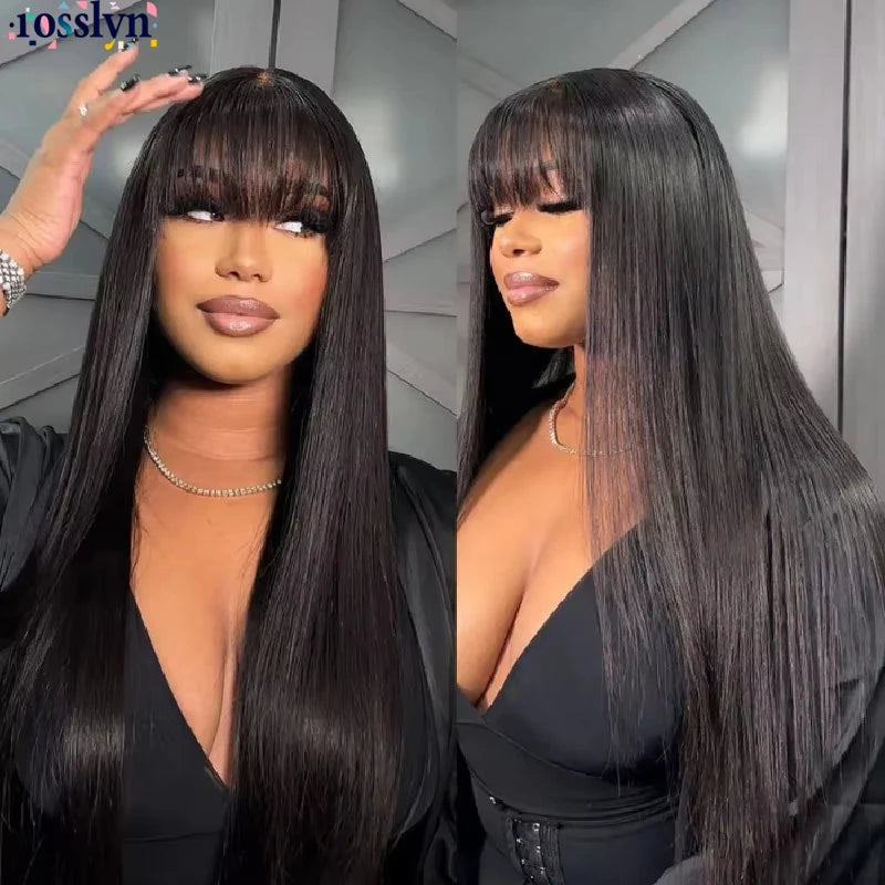 Long Straight Natural Human Hair Wig With Bangs for Women