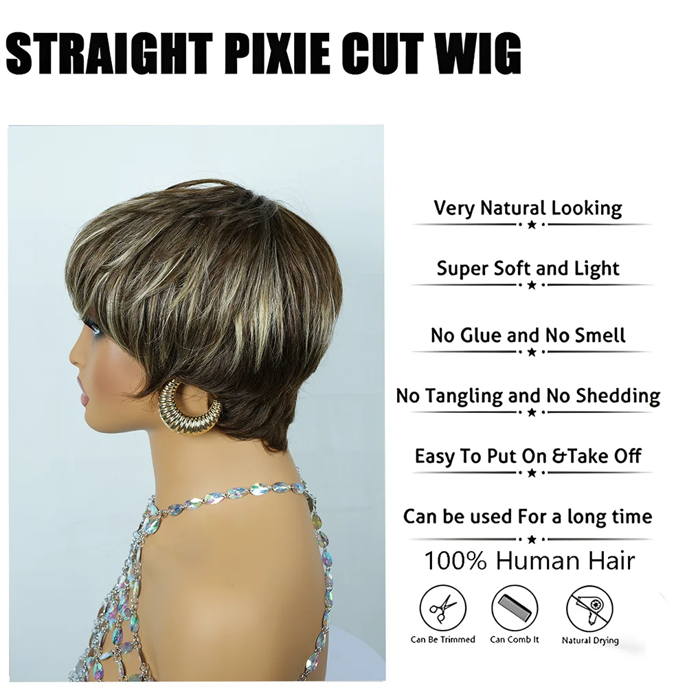 Straight Short Pixie Cut Remy Human Hair Wig For Women