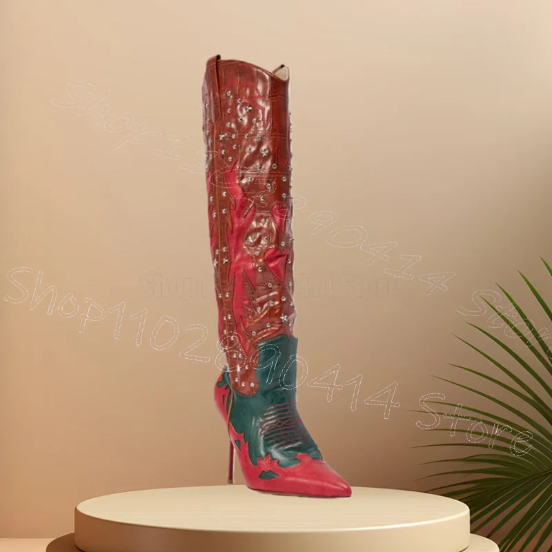 Pointed Toe Star Rivet Side Zipper High Heel Boots For Women