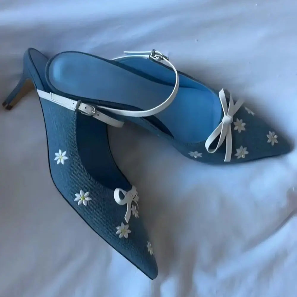 Blue Denim Daisy Bow Stiletto Sandals