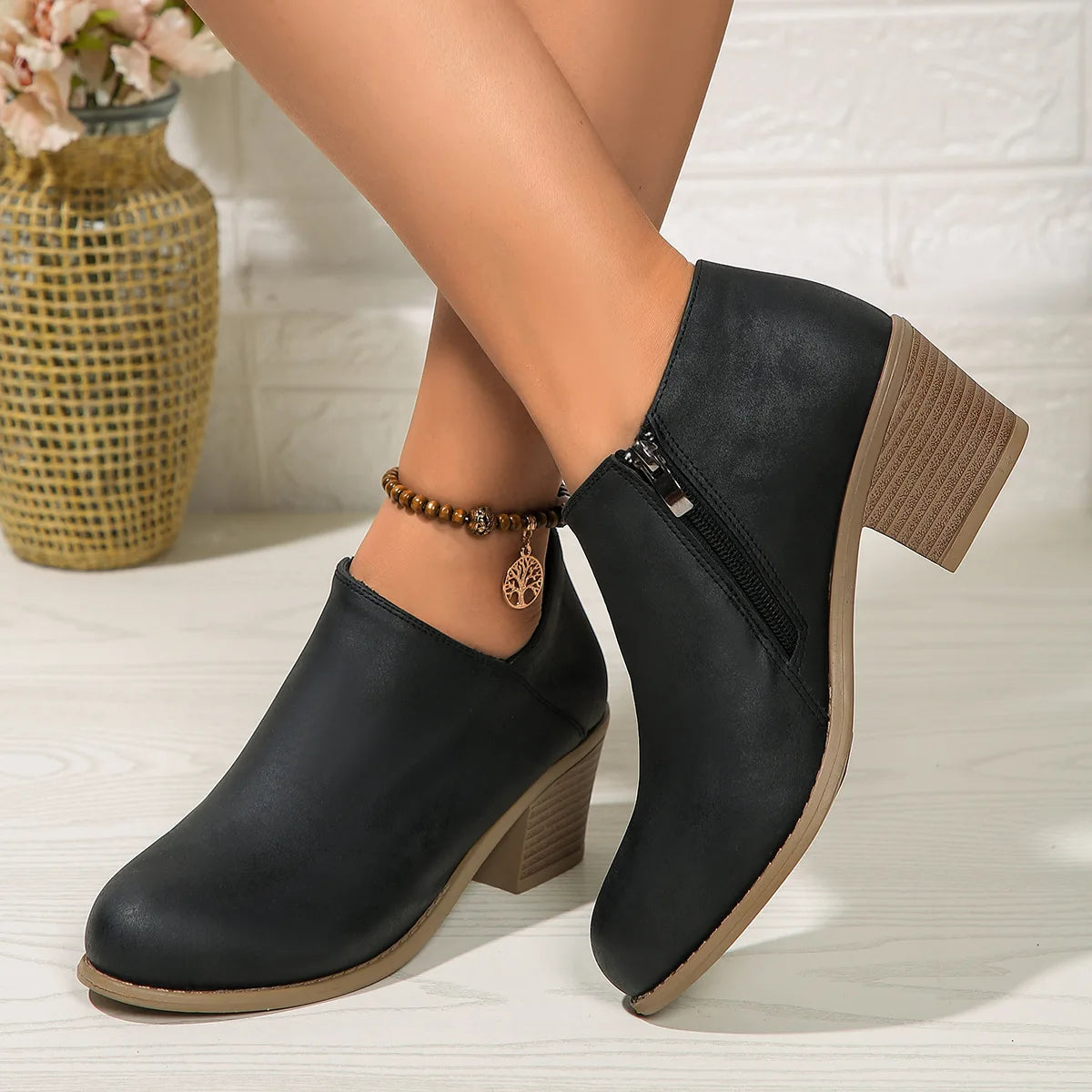 Elegant Suede Side Zipper Square Heel Ankle Boots for Women