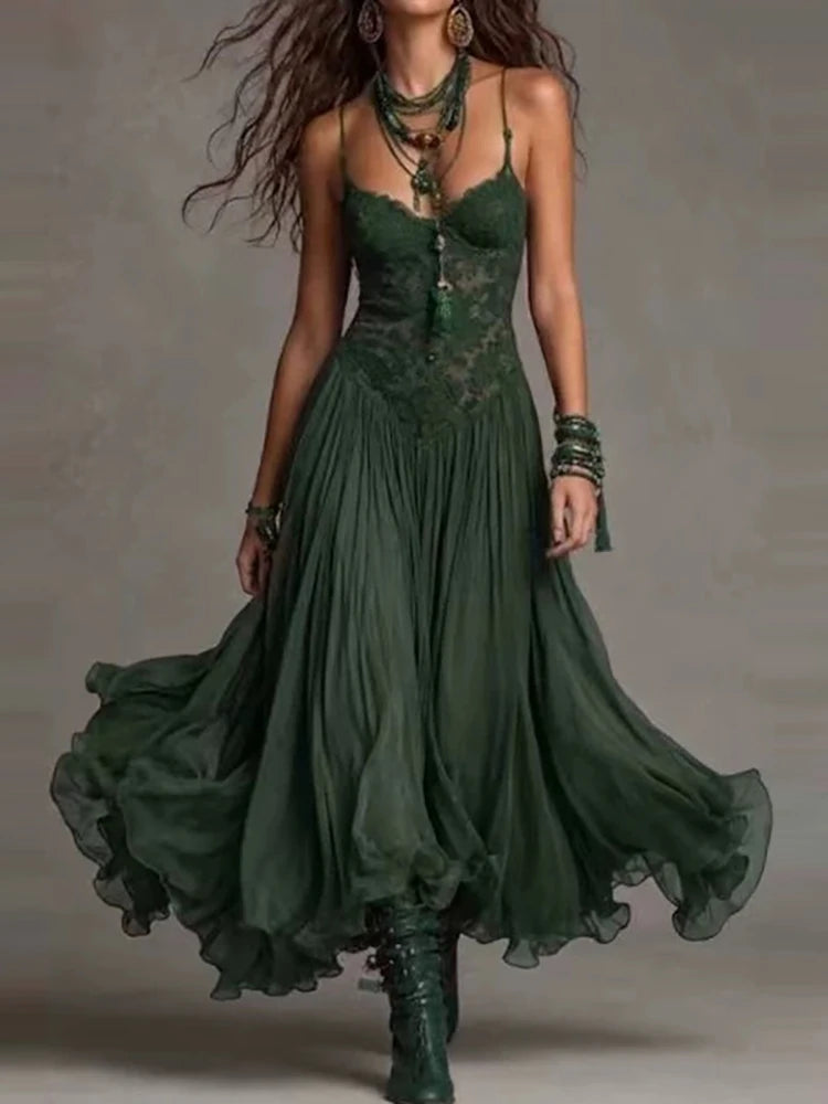Backless V Neck Spaghetti Strap Maxi Dress for Women