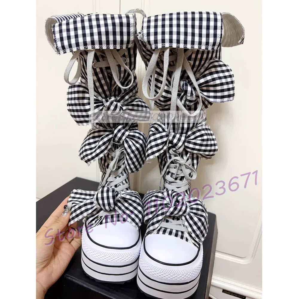 Bowknots Thick-sole Long Canvas Shoes Women Trendy Round Toe Cool Plaid Shoes Girl's Lolita Sweet Lace-up Platform Tall Boots