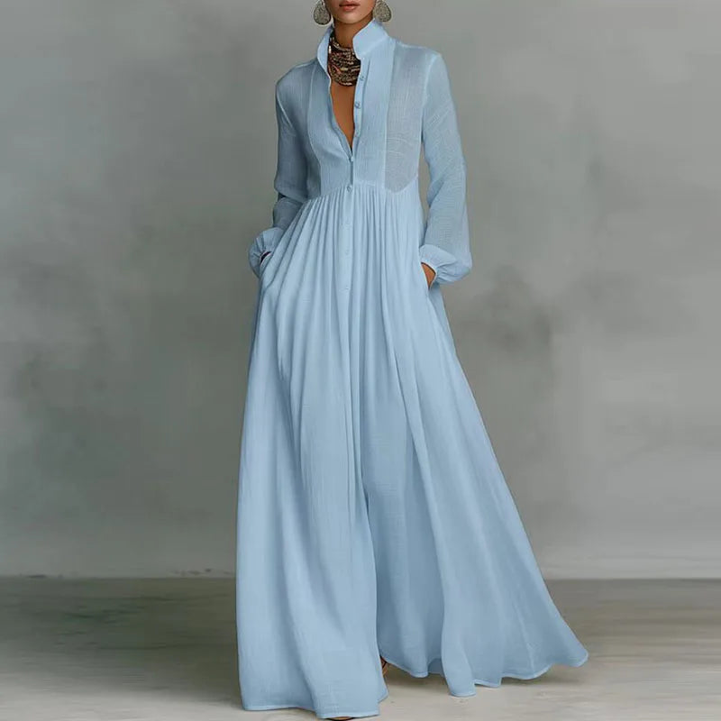 Elegant High Waist Pleated Long Sleeve Maxi Dress for Women