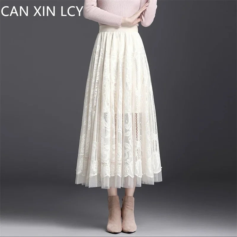 High Waist Lace Skirt With Hollow Out Studded Details For Women