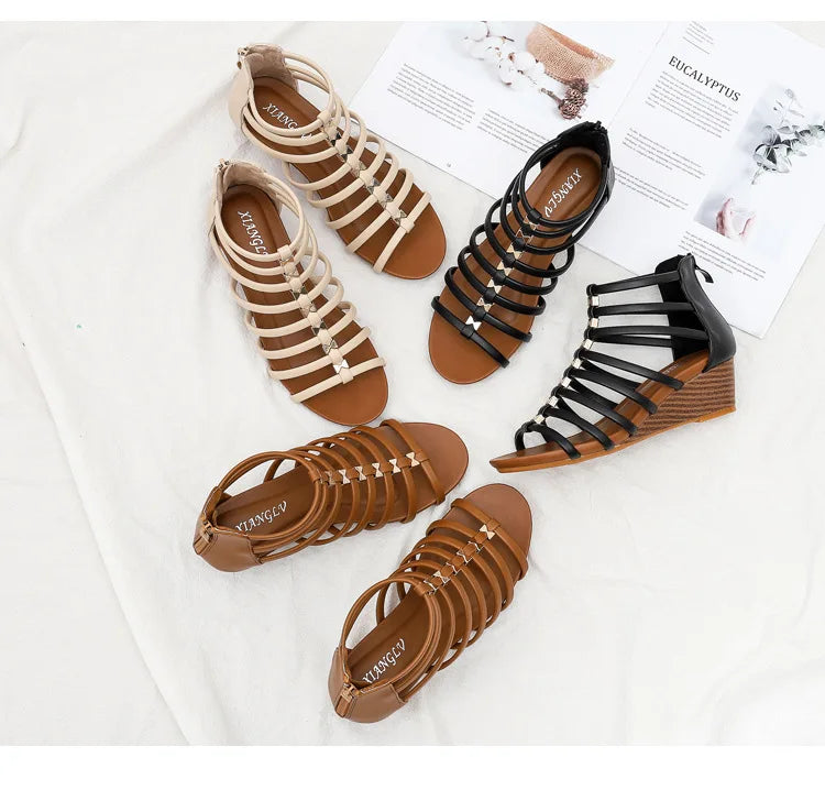 Vintage Hollow Roman Wedge Sandals Round Toe For Women