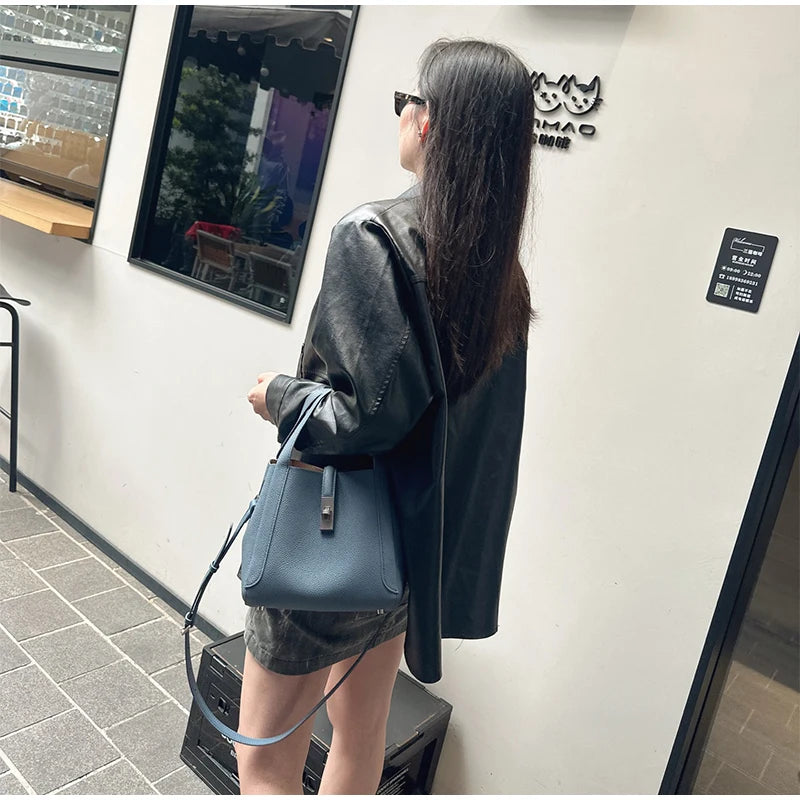 Brand Genuine Leather Basket Bag Women Luxury Fashion Simple Texture Tote Bag New Versatile High-end Shoulder Bag Messenger Bag