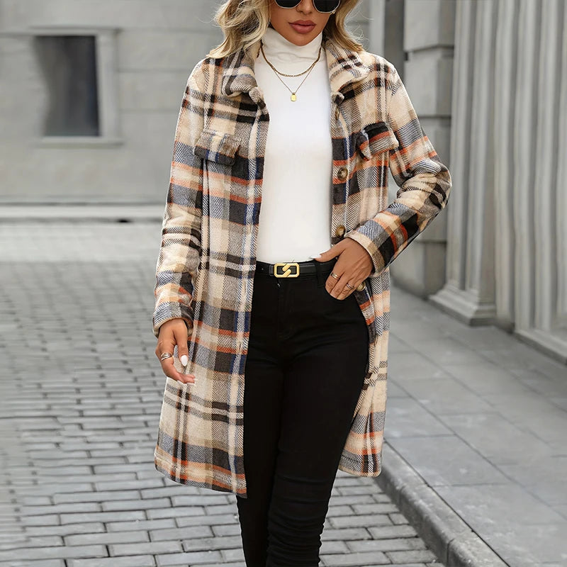 Flannel Plush Warm Plaid Jacket Women's Medium-length Winter New Style Korean Version Loose-fit Long Jacket Warm Long Sleeve