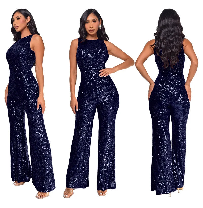 Elegant Silver Sequined Straight Cut Jumpsuit for Women
