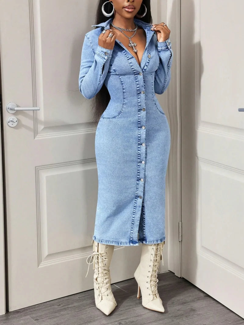 Slim Fit Long Sleeve Button Front Denim Dress for Women