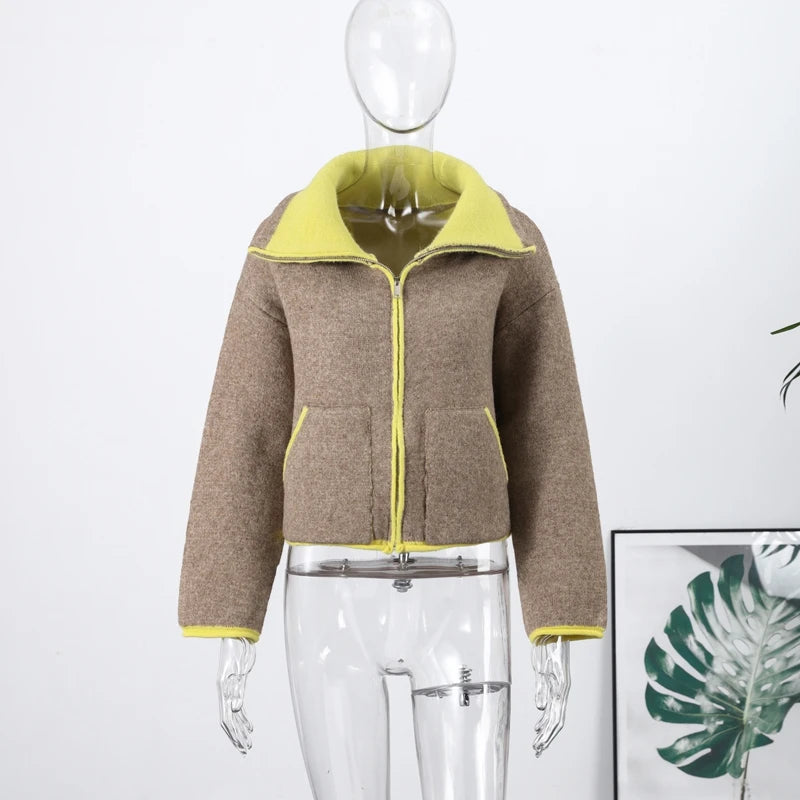 Fuzz Yellow Contrast Long Sleeve With Zipper Coat for Women