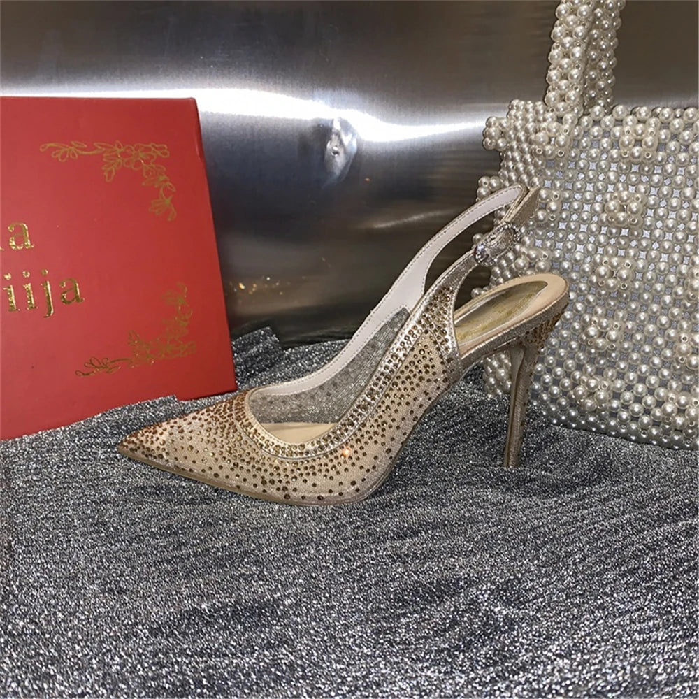 Rhinestone Mesh Pointed Toe Thin High Heels for Women