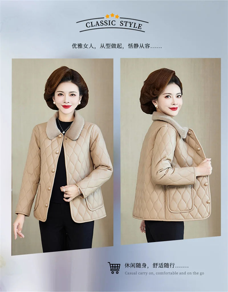 Winter Plush Jacket Winter Mom's Fashion Plus Size Loose Thick Fur Collar Coat For Mid-Aged Women With Velvet Warm Quilted Coat
