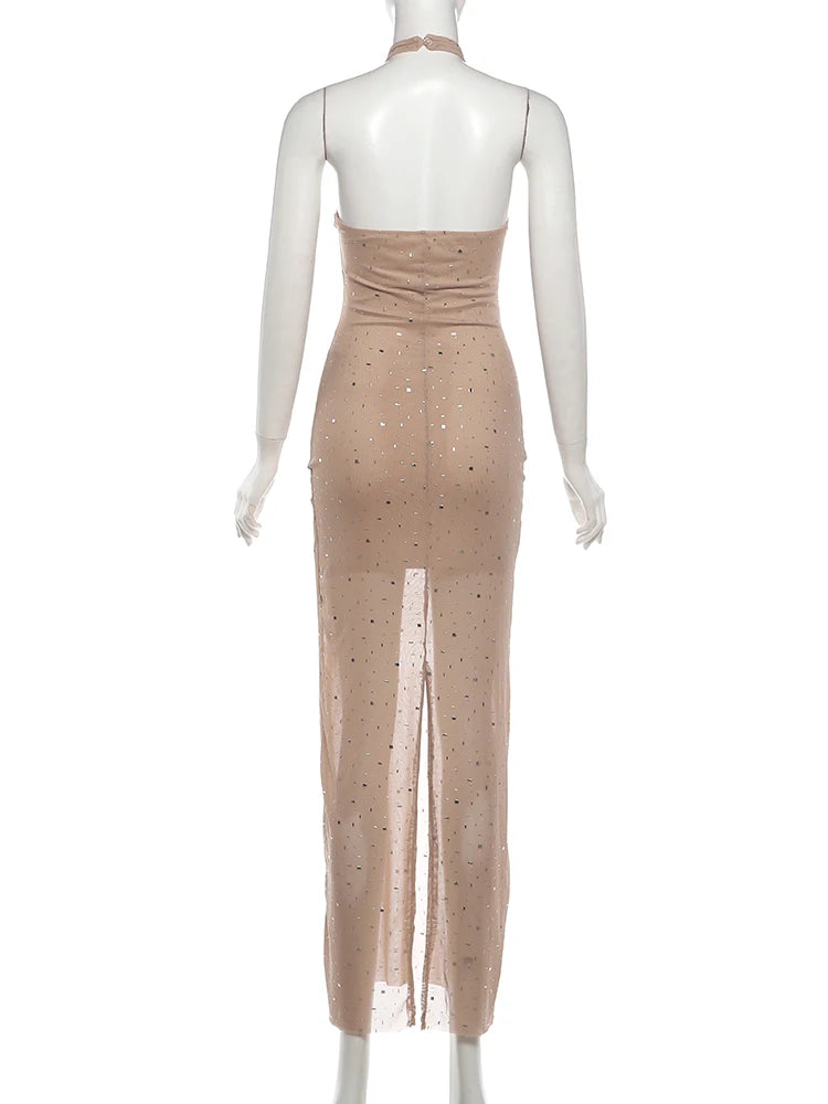 Shimmer Sequin Applique Halter Party Gown for Women