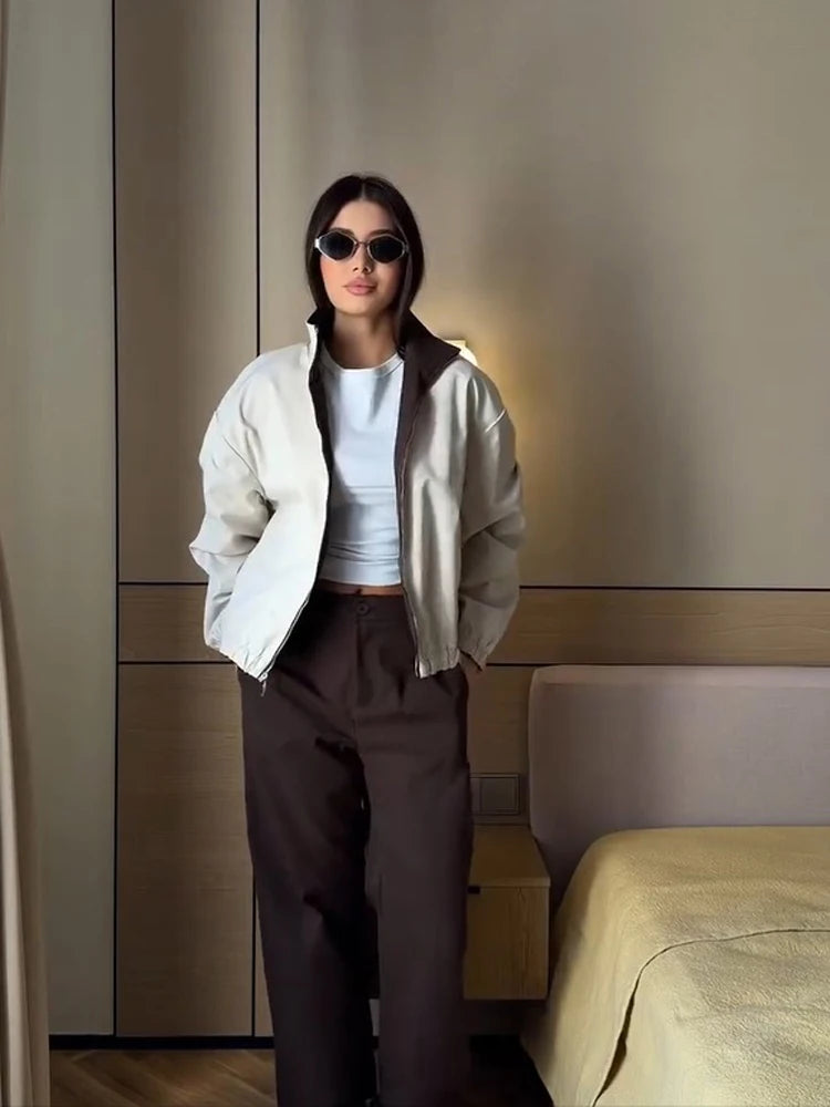 Loose Fit Zip-Up Track Jacket and Pants Set for Women