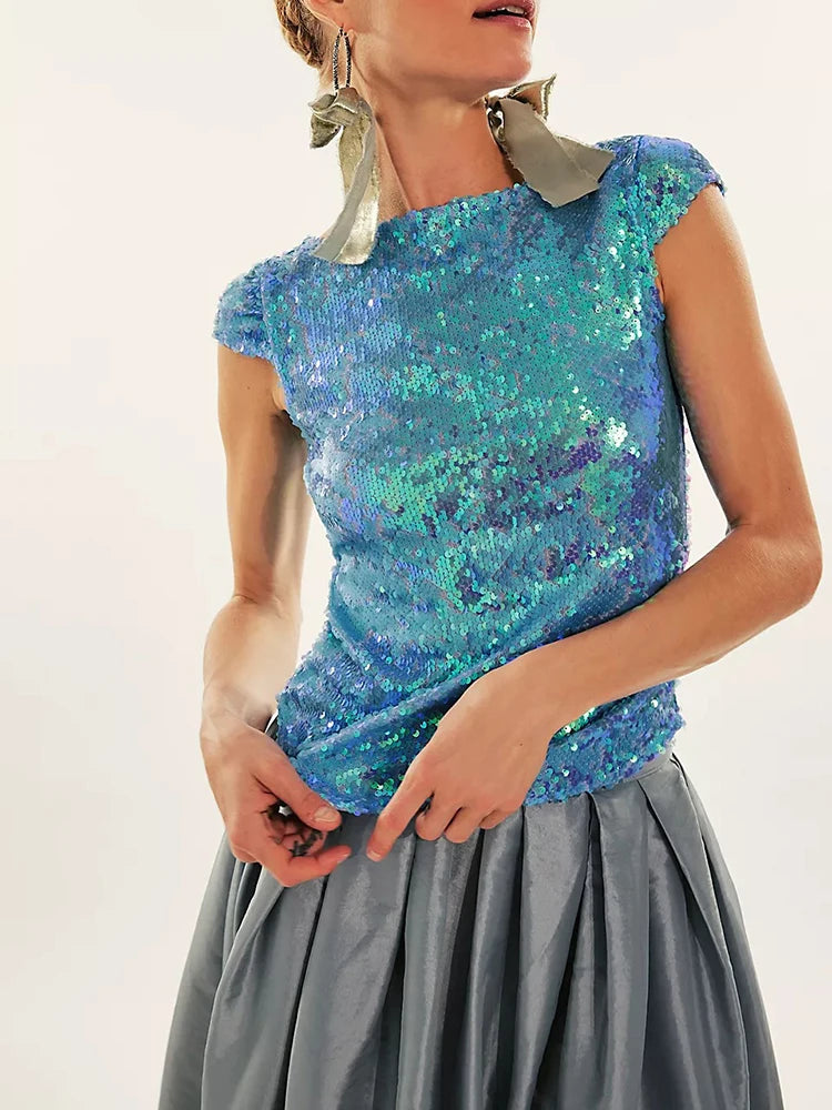 Gleaming Sequined O-Neck Backless Club Top for Women