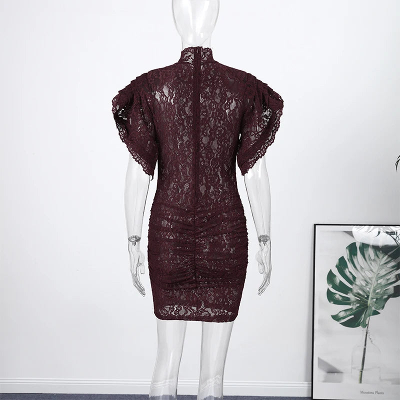 Sheer Lace Flared Sleeve Knee Length Party Dress for Women