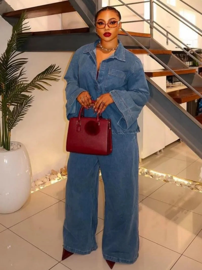 Vintage Long Sleeve Denim Shirt And Jeans Set for Women